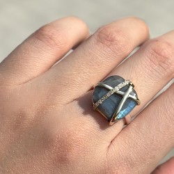 Bague argent doré - Labradorite, lignes entrecroisées & Zircons blancs TAILLE 52
