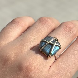 Bague argent doré - Labradorite, lignes entrecroisées & Zircons blancs TAILLE 52