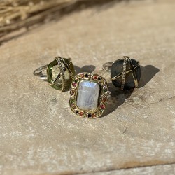 Bague argent doré - Labradorite, lignes entrecroisées & Zircons blancs TAILLE 52