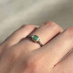 Bague fine argent doré - Anneau ethnique & Onyx vert carré TAILLE 54