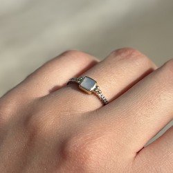Bague fine argent doré - Anneau ethnique & Nacre blanche carrée TAILLE 52