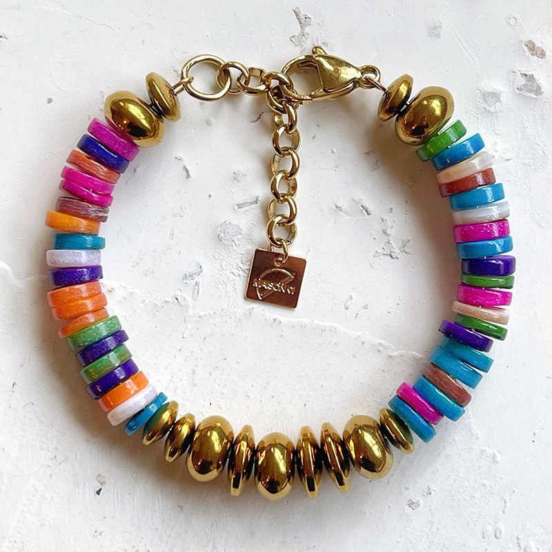 Bracelet TOINON CHROMATIC doré - Coquillages Arc en Ciel & Hématites