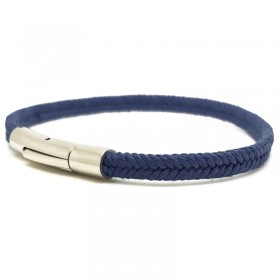 Bracelet fin mixte métal et coton ciré tressé Bleu Marine
