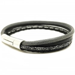 Bracelet jonc multi-rangs - Mix cuir coton noir gris & boucle métal