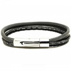 Bracelet jonc multi-rangs - Mix cuir coton noir gris & boucle métal