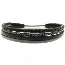 Bracelet jonc multi-rangs - Mix cuir coton noir gris & boucle métal - Loop and Co