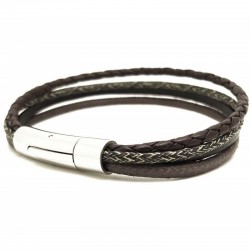 Bracelet jonc multi-rangs - Mix cuir coton marron & boucle métal