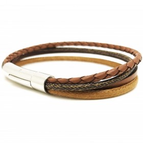 Bracelet jonc multi-rangs - Mix cuir coton camel marron & boucle métal