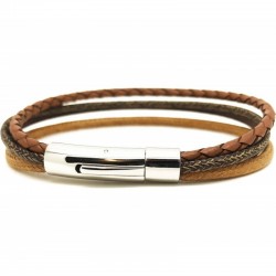 Bracelet jonc multi-rangs - Mix cuir coton camel marron & boucle métal