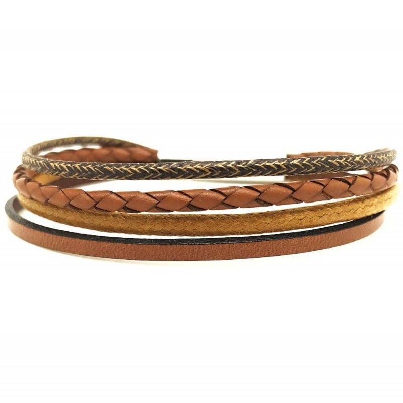 Bracelet jonc multi-rangs - Mix cuir coton camel marron & boucle métal - Loop and Co