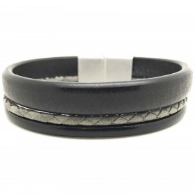 Bracelet jonc  manchette homme - Trois liens de cuir noir gris & boucle métal