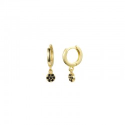 Boucles d'oreilles mini créoles dorées - Médaille ronde fleur Zircons noirs