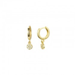 Boucles d'oreilles pendantes mini-créoles dorées - Médaille ronde fleur & Oxydes blancs