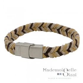 Bracelet Jonc homme Métal - Corde Tressée beige & marron jaune PLAT - Loop and Co