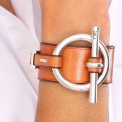 Bracelet Manchette  métal cuir camel - Ceinture & Mors équin- CXC