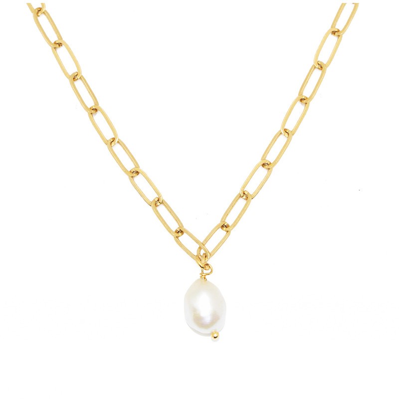 Collier court PERLA doré - Chaîne anneaux allongés & Perle douce blanche signé Nilaï Paris Collier court PERLA doré - Chaîne anneaux allongés & Perle douce blanche signé Nilaï Paris