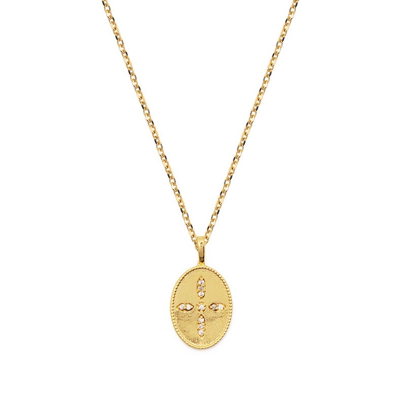 Collier GLORIA doré - Chaîne fine & Médaille Croix zircons blancs signé Nilaï Paris Collier GLORIA doré - Chaîne fine & Médaille Croix zircons blancs signé Nilaï Paris