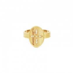 Bague large ajustable dorée GLORIA - Anneau & Médaillon Croix zircon blanc signée Nilaï Paris