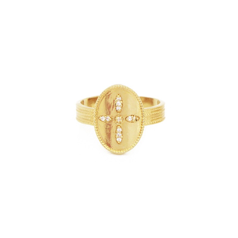 Bague large ajustable dorée GLORIA - Anneau & Médaillon Croix zircon blanc signée Nilaï Paris Bague large ajustable dorée GLORIA - Anneau & Médaillon Croix zircon blanc signée Nilaï Paris
