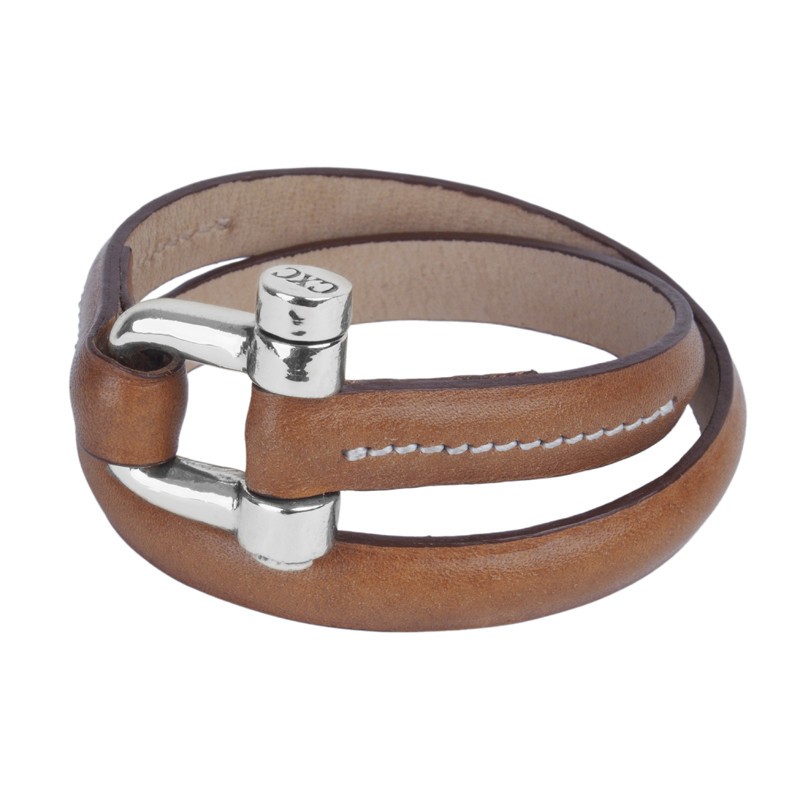Bracelet Manchette multi tours - Cuir camel & Boucle Manille Argent signée CXC Bracelet Manchette multi tours - Cuir camel & Boucle Manille Argent signée CXC