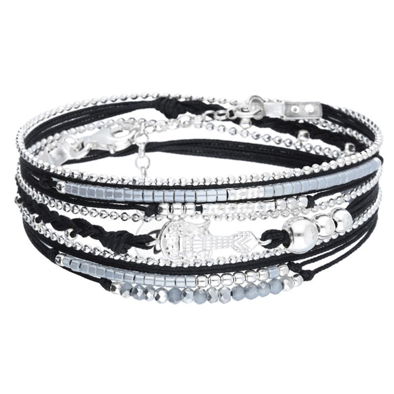 Bracelet multi-tours LIVERPOOL argent - Cordons perles noires & Guitare DORIANE BIOUX Bracelet multi-tours LIVERPOOL argent - Cordons perles noires & Guitare DORIANE BIOUX