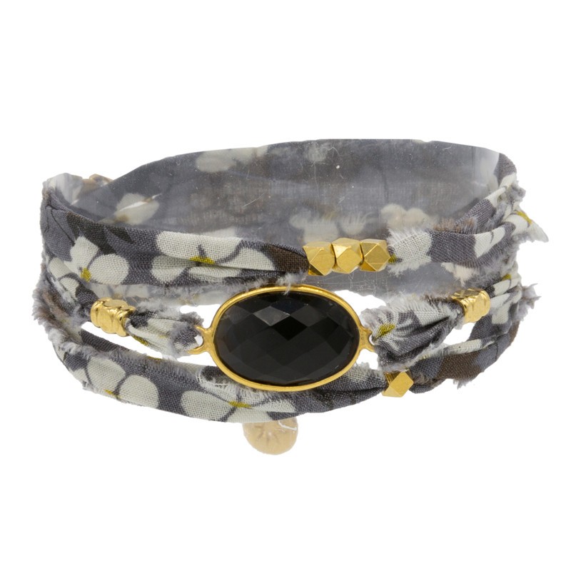 Bracelet multi-rangs Lana - Tissu liberty gris & Onyx noir ovale BY GARANCE Bracelet multi-rangs Lana - Tissu liberty gris & Onyx noir ovale BY GARANCE