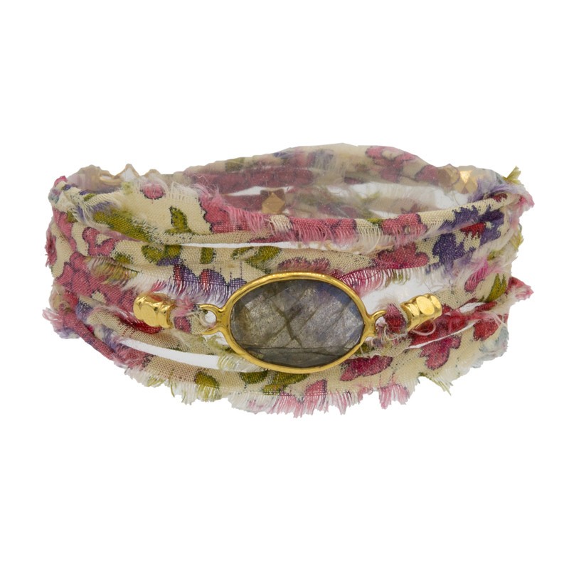 Bracelet multi-rangs Lana - Tissu liberty rose & Labradorite ovale BY GARANCE Bracelet multi-rangs Lana - Tissu liberty rose & Labradorite ovale BY GARANCE