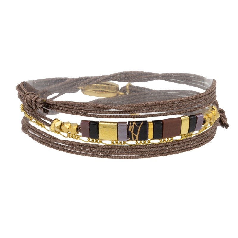 Bracelet multi-tours Carry cordon taupe - Chaînette dorée & Perles plates BY GARANCE Bracelet multi-tours Carry cordon taupe - Chaînette dorée & Perles plates BY GARANCE
