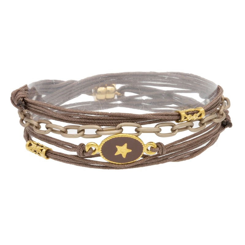 Bracelet multi-rangs SABINA taupe - Chaînette & Médaillon taupe étoile dorée Bracelet multi-rangs SABINA taupe - Chaînette & Médaillon taupe étoile dorée
