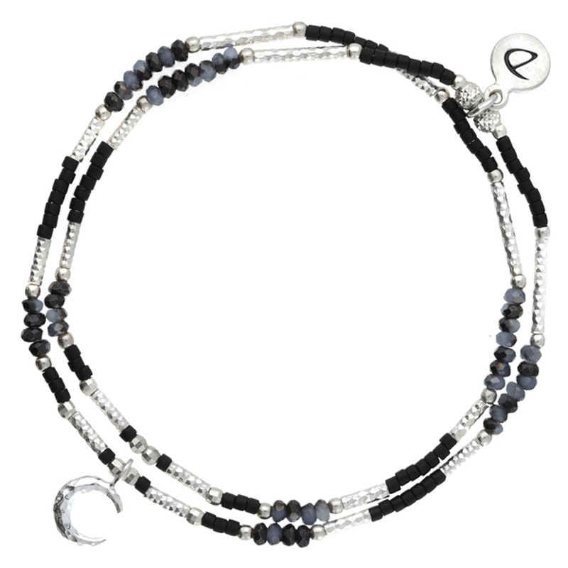 Bracelet multi-tours élastiqué argent - Perles miyuki noires & Croissant DORIANE Bijoux Bracelet multi-tours élastiqué argent - Perles miyuki noires & Croissant DORIANE Bijoux