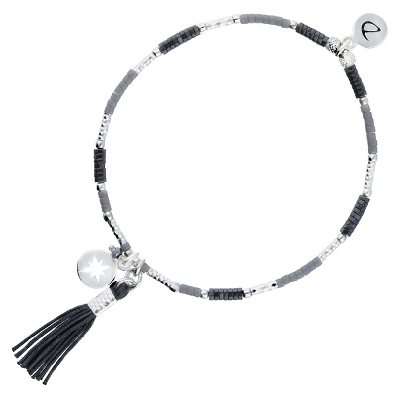 Bracelet fin élastique argent Etoile Pompon - Hématites  & Miyuki gris DORIANE Bijoux