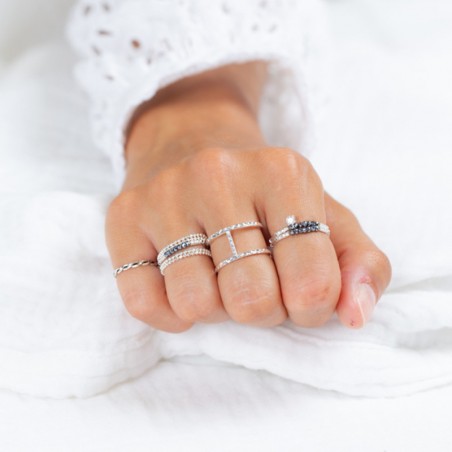 Bague 2 Doigts Argentée Avec Strass – Style Barrette, Métal Inoxydable, Sans Marque