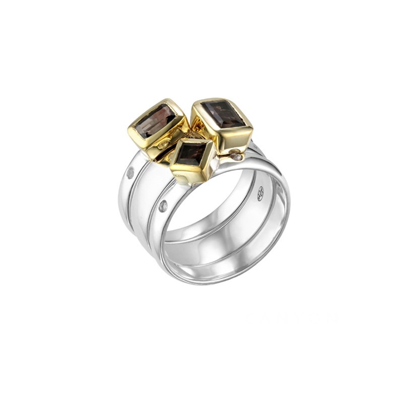 Bague large TRILOGIE argent doré - Anneaux lisses & Quartz fumés CANYON BIJOUX Bague large TRILOGIE argent doré - Anneaux lisses & Quartz fumés CANYON BIJOUX
