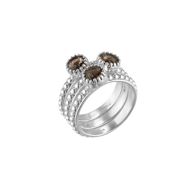 Bague large TRILOGIE en argent - Anneaux boules & Quartz fumé ronds CANYON BIJOUX