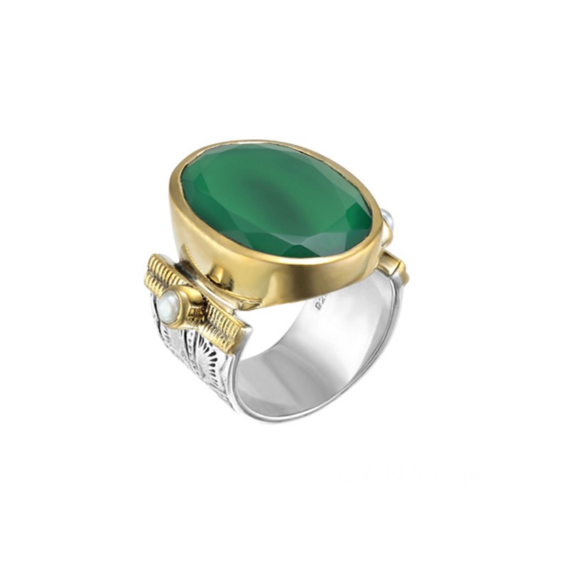 Grosse bague ethnique argent doré - Onyx vert ovale & Perles blanches CANYON BIJOUX Grosse bague ethnique argent doré - Onyx vert ovale & Perles blanches CANYON BIJOUX