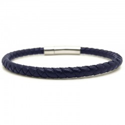 Bracelet jonc homme Cuir bleu marine - Tressé serpent rond LOOP AND CO