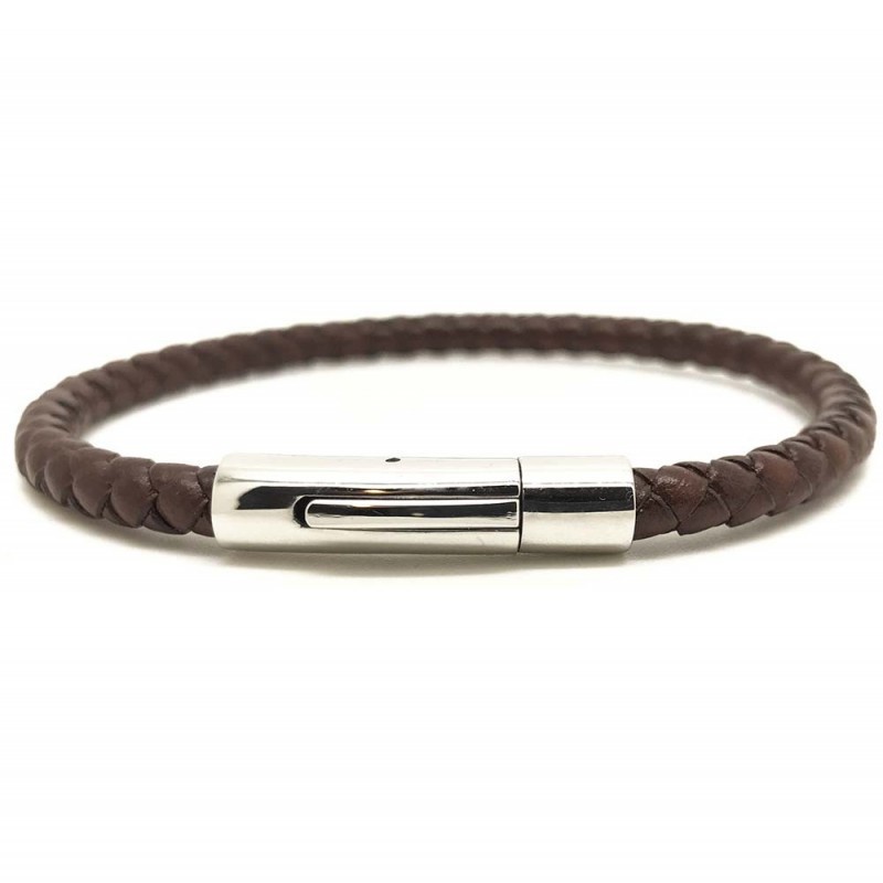 Bracelet jonc Mixte - Cuir tressé serpent rond marron & Clic métal LOOP AND CO Bracelet jonc Mixte - Cuir tressé serpent rond marron & Clic métal LOOP AND CO