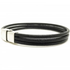 Bracelet jonc large homme - 3 liens cuir rond noir & Boucle métal LOOP AND CO