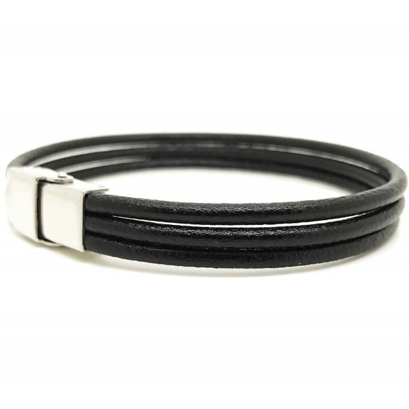 Bracelet jonc large homme - 3 liens cuir rond noir & Boucle métal LOOP AND CO Bracelet jonc large homme - 3 liens cuir rond noir & Boucle métal LOOP AND CO