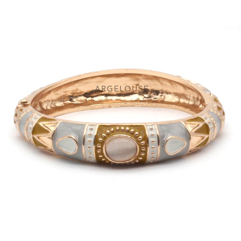 Bracelet Jonc Ethnique Doré Cabochons - Beige gris & blanc ARGELOUSE Bracelet Jonc Ethnique Doré Cabochons - Beige gris & blanc ARGELOUSE
