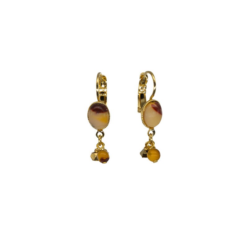 Boucles d'oreilles pendantes AMANDA Or - Cabochons moutarde & prune BY GARANCE Boucles d'oreilles pendantes AMANDA Or - Cabochons moutarde & prune BY GARANCE