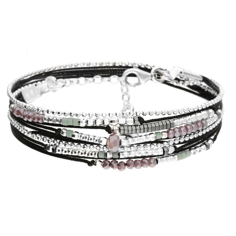 Bracelet multi-tours ATLANTA perles argent - Cordons noirs & Perles vert violet - DORIANE Bijoux Bracelet multi-tours ATLANTA perles argent - Cordons noirs & Perles vert violet - DORIANE Bijoux