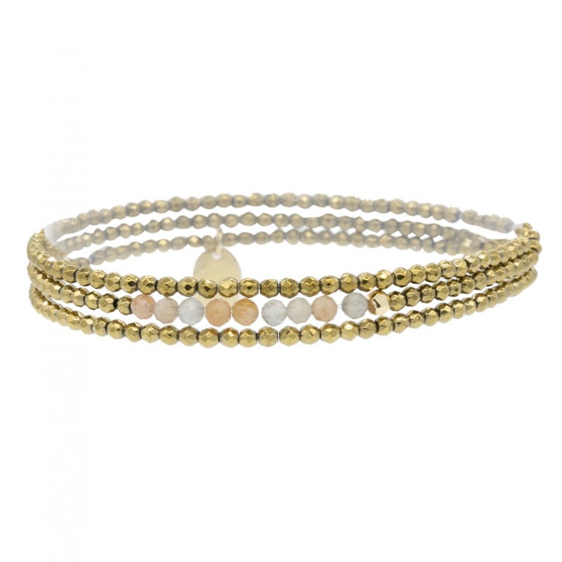 Bracelet multi-tours Elastiqué YUNA - Hématites dorées facettées & Morganites - Belle Mais Pas Que Bracelet multi-tours Elastiqué YUNA - Hématites dorées facettées & Morganites - Belle Mais Pas Que