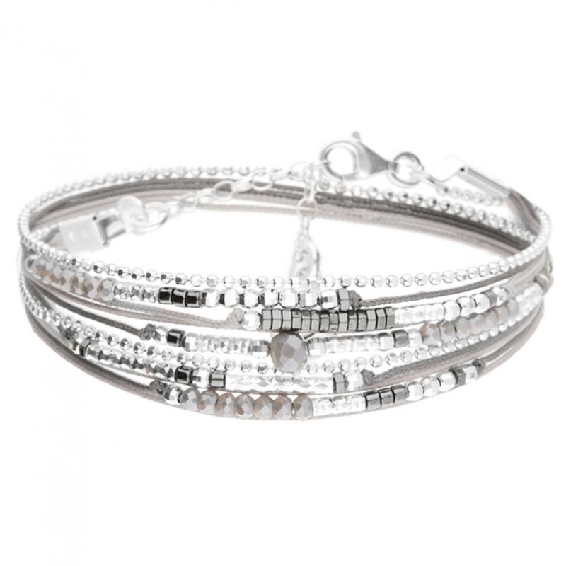 Bracelet multi-tours ATLANTA Argent - Cordons gris polaire & Perles grises - DORIANE Bijoux