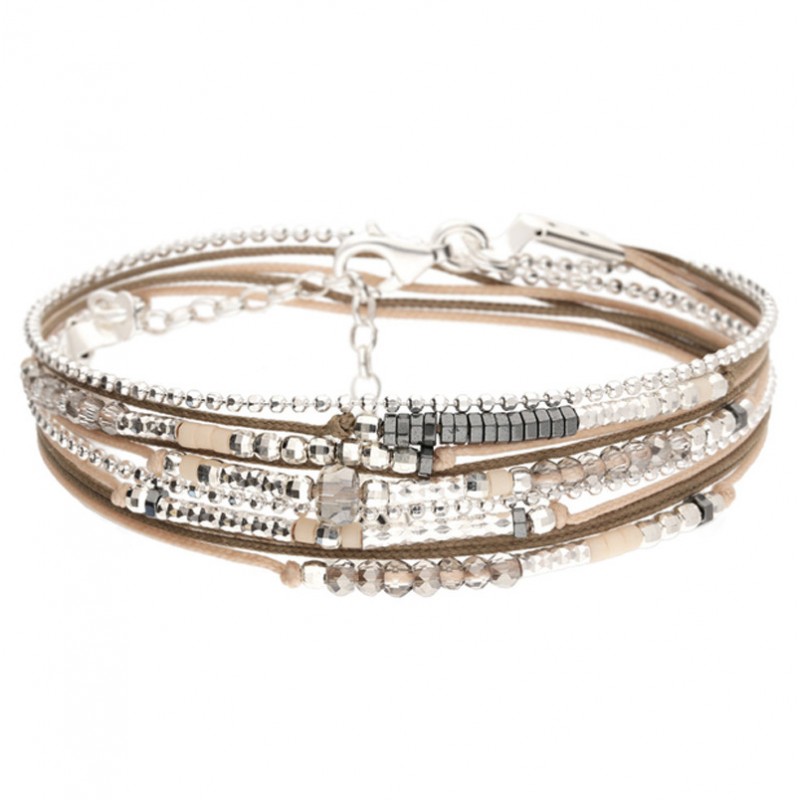 Bracelet multi-tours ATLANTA Argent - Cordons & Perles marron clair - DORIANE Bijoux Bracelet multi-tours ATLANTA Argent - Cordons & Perles marron clair - DORIANE Bijoux