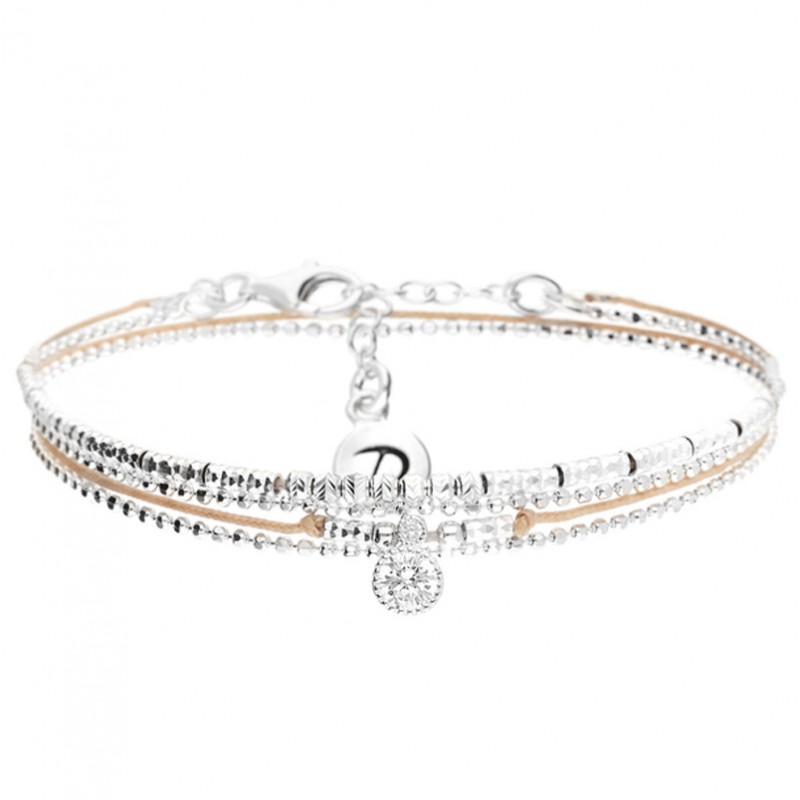 Bracelet multi-tours HAMILTON Chaîne Argent - Cordon beige & Zircon