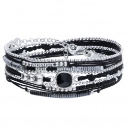 Bracelet multi-tours CASSIS Argent - Cordons noirs & Onyx carré DORIANE BIJOUX