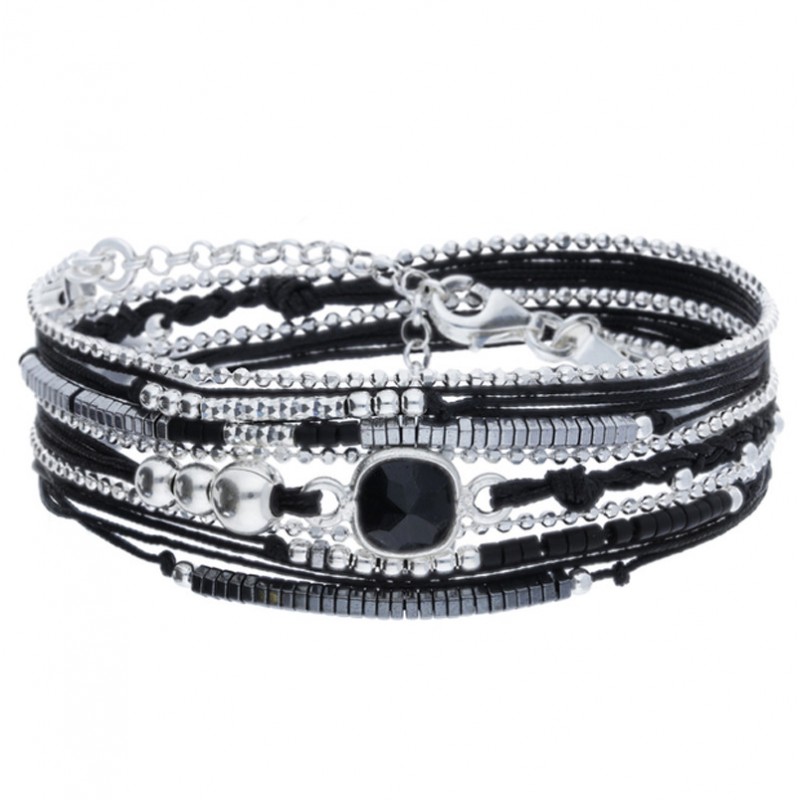 Bracelet multi-tours CASSIS Argent - Cordons noirs & Onyx carré DORIANE BIJOUX Bracelet multi-tours CASSIS Argent - Cordons noirs & Onyx carré DORIANE BIJOUX
