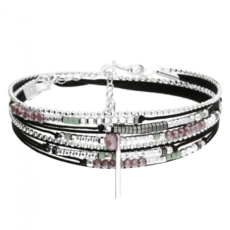 Bracelet multi-tours argent BRISBANE cordons noirs - Perles violettes & Barrette DORIANE Bijoux Bracelet multi-tours argent BRISBANE cordons noirs - Perles violettes & Barrette DORIANE Bijoux