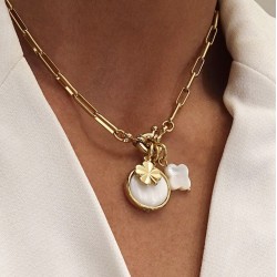 Collier court CASSIEN doré - Pendentifs Médaille & Trèfles Nacre Blanche CHORANGE